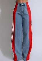 Summer Fashion Patchwork Three Stripes Wide Leg Denim Pants Women's Casual High Waist Stretch Straight Jeans