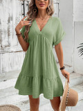 Women Solid V-neck Loose Pleated Dress