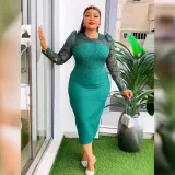Women's Fashion Career Chic Africa Plus Size Organza Patchwork Bead Bodycon Dress