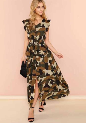 Women's Ruffle Sleeve V-Neck Slim Waist A-Line Camouflage Midi Casual Dress