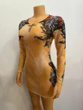 Women's Mesh Printing Round Neck Short Fashion Sexy Dress