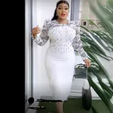 Women's Fashion Career Chic Africa Plus Size Organza Patchwork Bead Bodycon Dress
