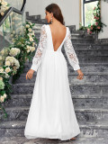 Spring Elegant V-Neck Low Back Long Sleeve Slit Women's Wedding Dress