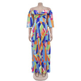Women Sexy Printed Backless Pleated Maxi Dress