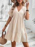 Women Solid V-neck Loose Pleated Dress