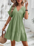 Women Solid V-neck Loose Pleated Dress