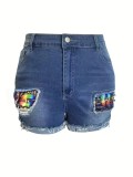 Summer Plus Size Elastic Patch Denim Shorts