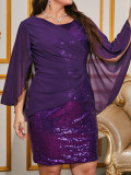 Plus Size Women's Round Neck Chiffon Shawl Sequin Slim Formal Party Party