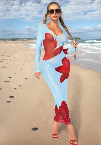 Women's Summer Sexy See-Through Mesh Deep V Long Sleeve Printed Slim Long Dress