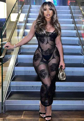 Summer Sexy Low-Cut See-Through Hollow Jacquard Strap Long Dress