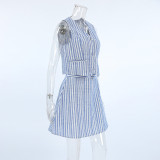 Women Striped V-Neck Sleeveless Top and Skirt Two-Piece