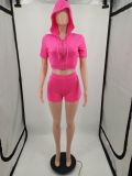Women's Solid Color Fashion Casual Hooded Zipper Two-Piece Shorts Set