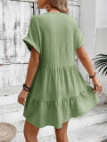 Women Solid V-neck Loose Pleated Dress