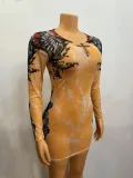 Women's Mesh Printing Round Neck Short Fashion Sexy Dress