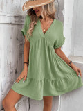 Women Solid V-neck Loose Pleated Dress