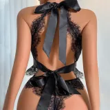 Women summer sexy mesh lace Halter Neck Lace-Up See-Through jumpsuit sexy lingerie