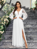 Spring Elegant V-Neck Low Back Long Sleeve Slit Women's Wedding Dress