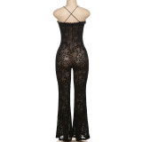 Summer Women's Fashion Strap Low Back See-Through Leopard Mesh Casual Jumpsuit