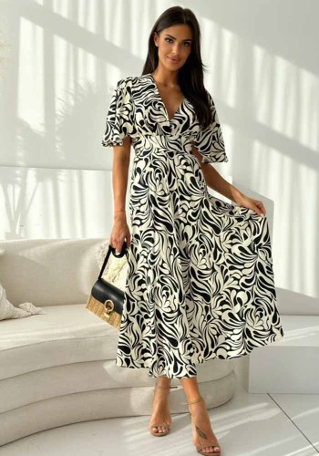 Women summer v-neck short-sleeved printed Maxi dress