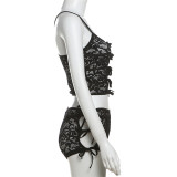 Summer Fashion See-Through Jacquard Camisole Top High Waist Shorts Two Piece Set