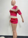Women Loose Casual V-neck Color Block Knitting Top and Shorts Two-piece Set