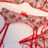 Women Lace petal shoulder strap rose print hollow Backless sexy lingerie two-piece set