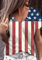 Women American Flag Stars and Stripes Print V-Neck Short Sleeve T-Shirt