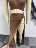 Women Solid Slash Shoulder Crop Top and Slit Skirt two-piece set