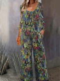 Women Print Casual Round Neck Loose Long Sleeve Jumpsuit