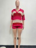 Women Loose Casual V-neck Color Block Knitting Top and Shorts Two-piece Set