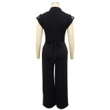 Fashionable Women's Solid Color Sleeveless V-Neck Wide Leg Jumpsuit