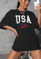Women Summer Casual American Flag Letter Printed T-Shirt