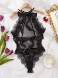 Women summer sexy mesh lace Halter Neck Lace-Up See-Through jumpsuit sexy lingerie