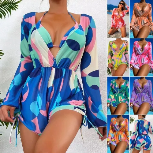 Sexy Printed Two Piece Bikini Long-Sleeved Mesh Cover-Up Romper Three-Piece Women's Swimsuit
