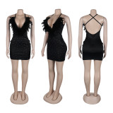 Women Sexy Beaded Feather V-Neck Backless Bodycon Dress