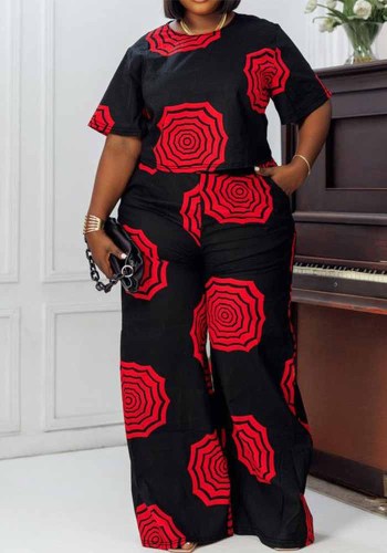 Plus Size Women Casual Printed Top and Pant Two-piece Set