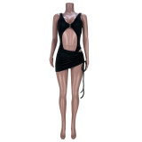 Fashion Casual Women's Velvet Sexy Beach Bodysuit Drawstring Skirt Two Piece Set