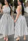 Women Striped Round Neck Sleeveless Backless Cross Straps Dress