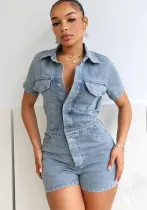 Women Stretch Denim Short Sleeve Jumpsuit