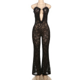 Summer Women's Fashion Strap Low Back See-Through Leopard Mesh Casual Jumpsuit