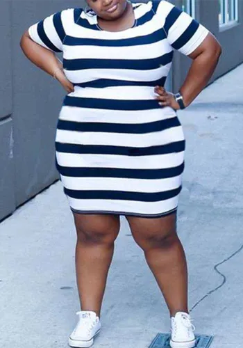 Plus Size Women Casual Striped Bodycon Dress