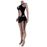 Fashion Casual Women's Velvet Sexy Beach Bodysuit Drawstring Skirt Two Piece Set