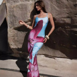 Women's Summer Sexy Strap Print Slit Long Dress Beach Dress
