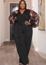 Plus Size Women Summer Mesh Puff Sleeve Wide Leg Jumpsuit