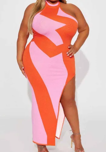 Plus Size Women Sexy Halter Neck Slit Bodycon Dress