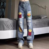Women American vibe retro burger fries embroidery Denim wide leg pants