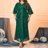 Plus Size Women's Sexy V-Neck Sequined Loose Half-Sleeve Formal Party Dress