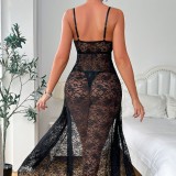 Women lace mesh jacquard Lace-Up Backless temptation nightgown with T-string sexy lingerie two-piece set