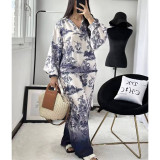 Summer Women loose long-sleeved printed shirt And Pant two-piece set