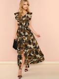 Women's Ruffle Sleeve V-Neck Slim Waist A-Line Camouflage Midi Casual Dress